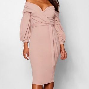 Off The Shoulder Faux Wrap Midi Dress